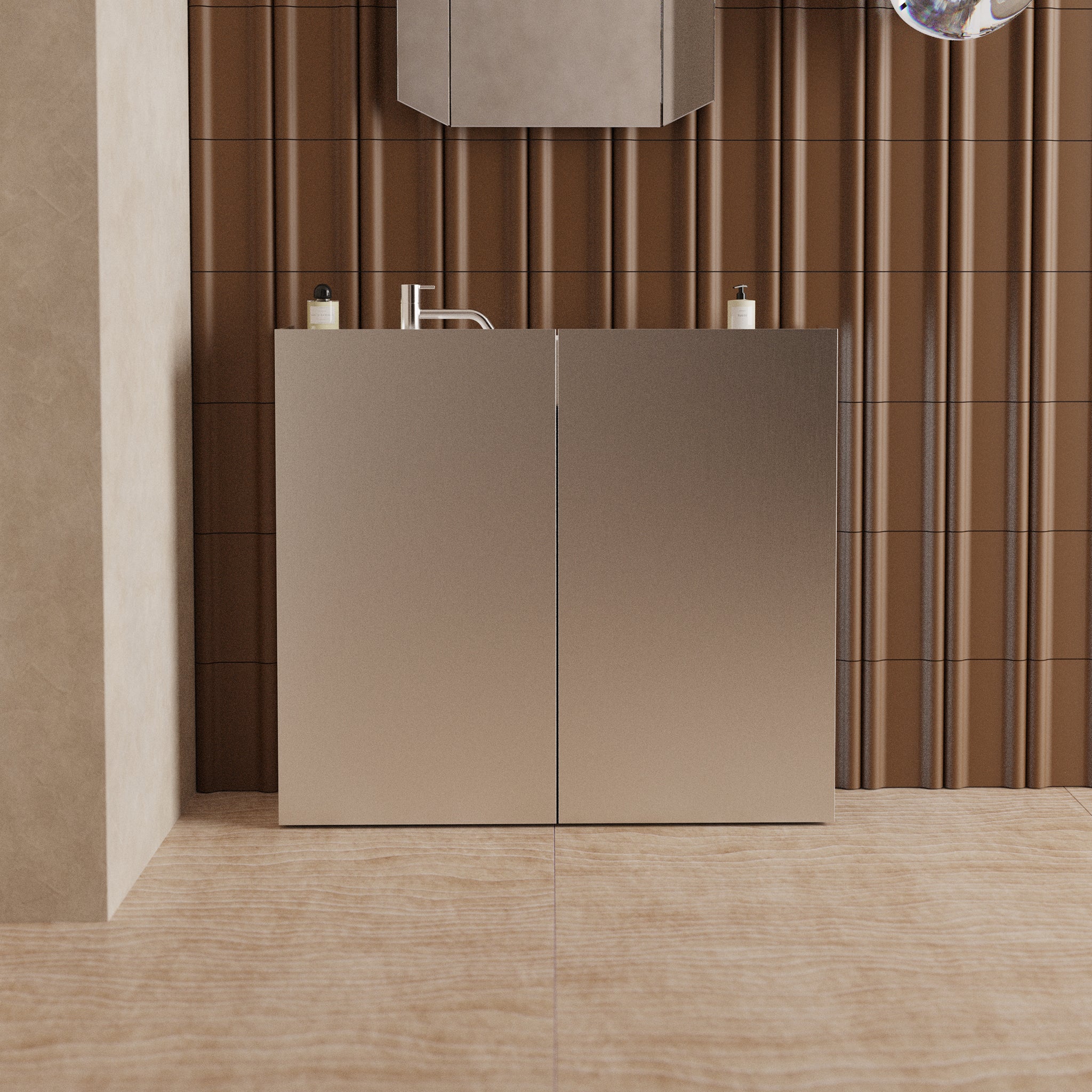 Bora brushed aluminium floor-standing bathroom cabinet with soft-close doors