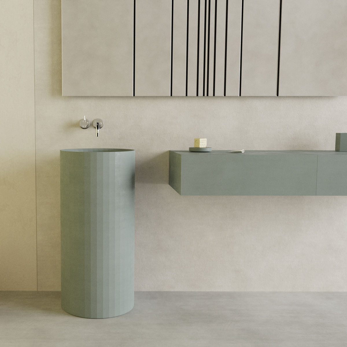 Facet Pedestal sculptural concrete bathroom basin with geometric faceted form