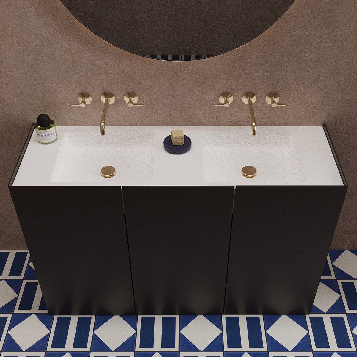 Akin Double concrete vanity basin with Bora bathroom cabinet