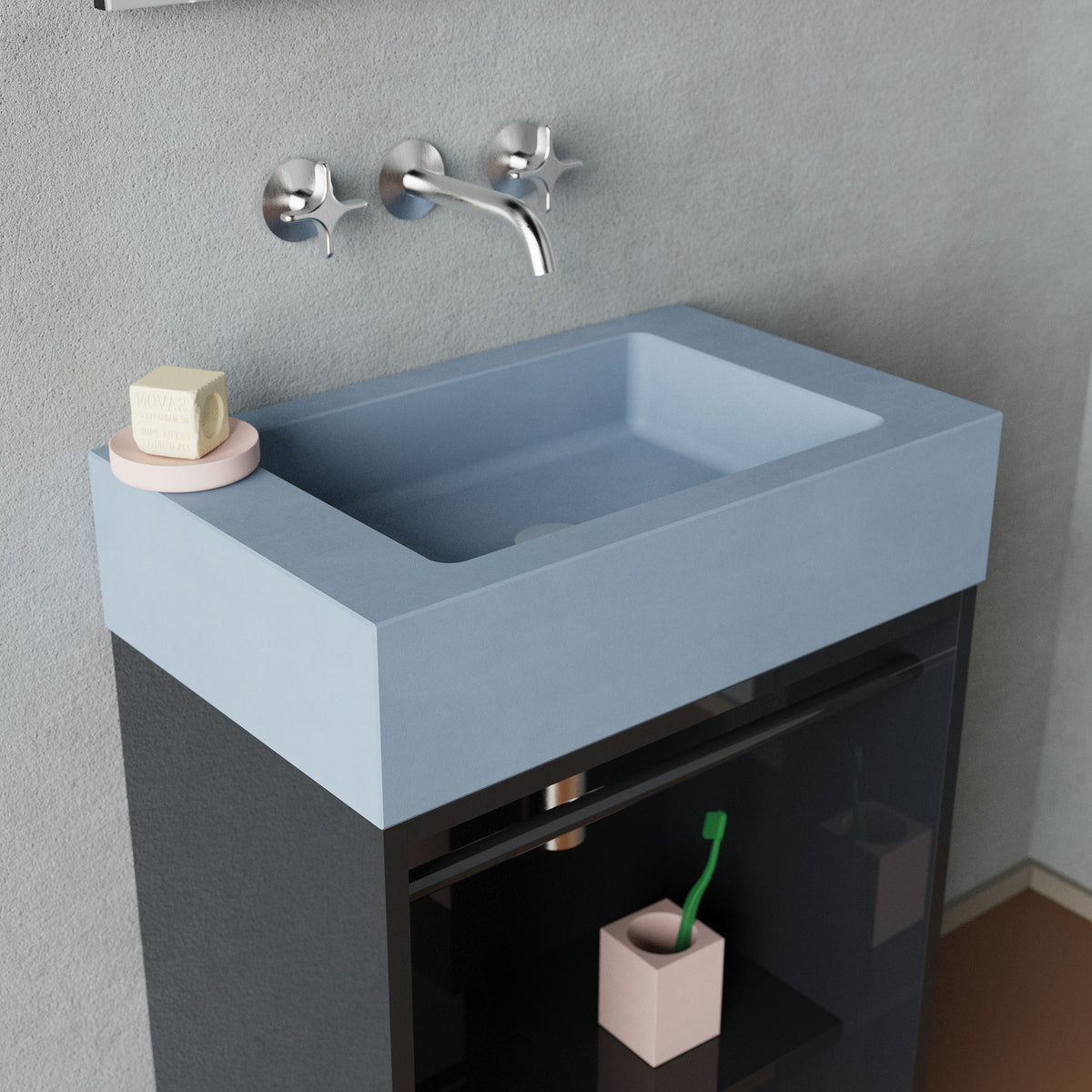 Akin concrete vanity basin with Arc bathroom cabinet