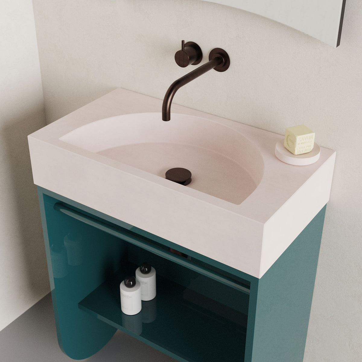 Arch sculptural concrete bathroom basin paired with Arc bathroom cabinet