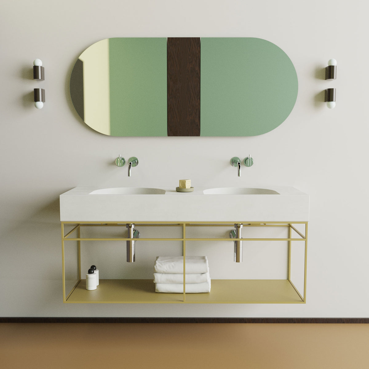 Arch Double concrete bathroom basin with Wireframe support frame