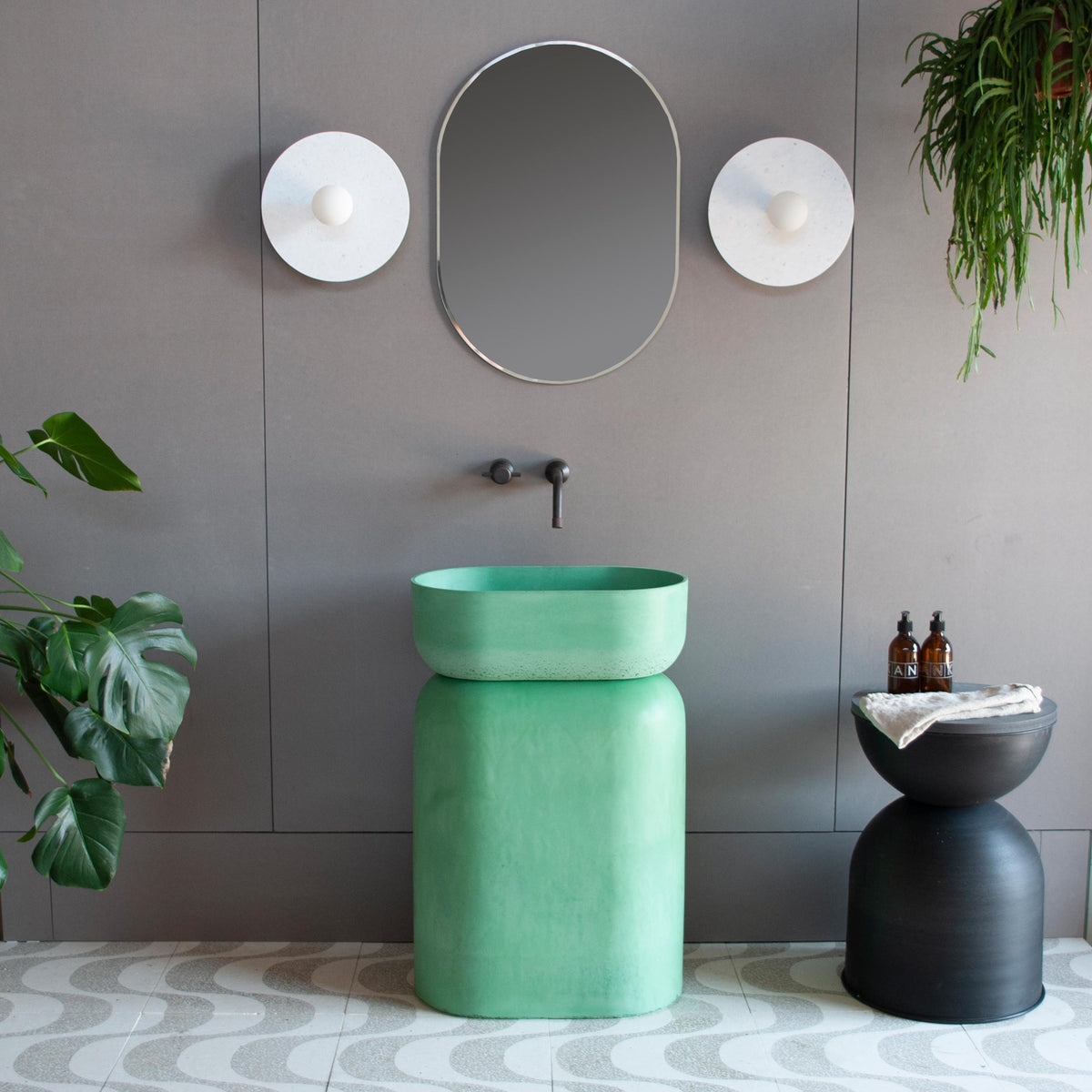 Arlo pedestal concrete bathroom basin with curved hourglass form