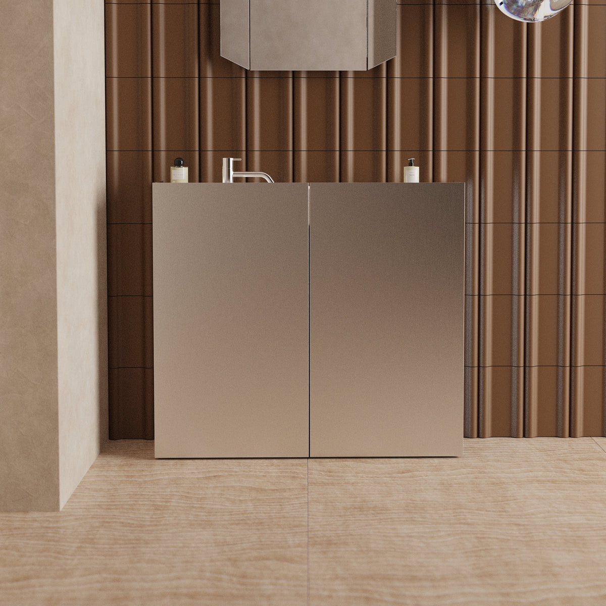 Bora brushed aluminium floor-standing bathroom cabinet with soft-close doors