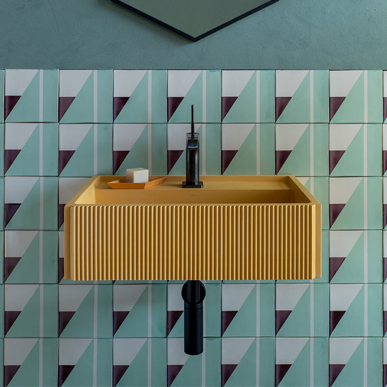 Elba sculptural concrete bathroom basin with pleated front and rear shelf